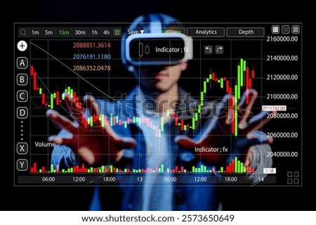 A futuristic scene featuring a trader immersed in virtual reality, analyzing stock market data with advanced graphs and analytics in an interactive setup.