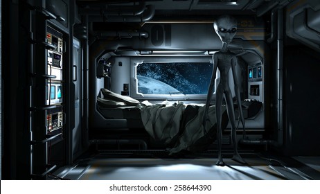 Futuristic Scene With Grey Alien In Space Station Bedroom