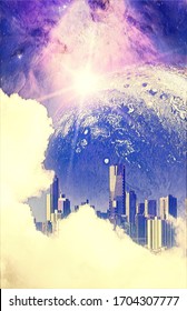 Futuristic Scene For Science Fiction Novel Book Cover - Beautiful White Clouds Reveal Skyscrapers And Alien Planet Digital Illustration. Elements Of This Image Are Furnished By NASA