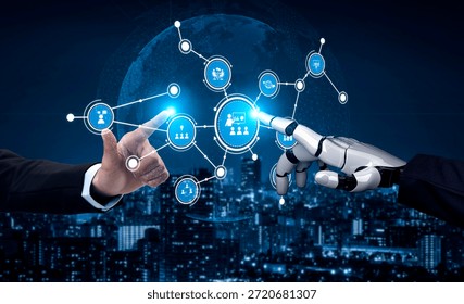 A futuristic scene showcasing the collaboration between a human hand and a robotic hand, symbolizing innovation and connectivity in a digital world, with an urban skyline backdrop. Tessel