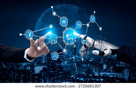 A futuristic scene showcasing the collaboration between a human hand and a robotic hand, symbolizing innovation and connectivity in a digital world, with an urban skyline backdrop. Tessel