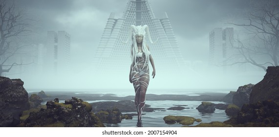 Futuristic Sci Fi Alien Villain Space Voodoo Witch Doctor Woman Walking In Alien Landscape Mysterious Foggy Abandoned Brutalist Architecture 3d Illustration Render