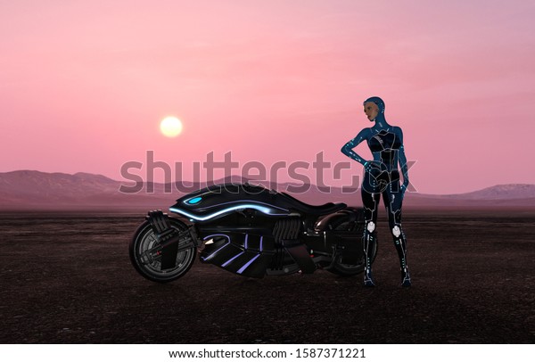 未来的なsfバイカーの女の子と夕日の砂漠にバイク 3dレンダリングイラスト のイラスト素材