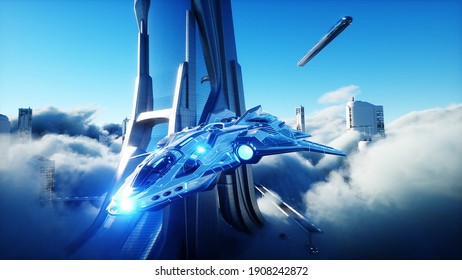 Futuristic Sci Fi City In Clouds. Utopia. Concept Of The Future. Flying Passenger Transport. Aerial Fantastic View. 3d Rendering