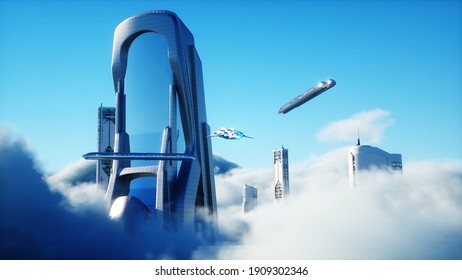 Futuristic Sci Fi City In Clouds. Utopia. Concept Of The Future. Flying Passenger Transport. Aerial Fantastic View. 3d Rendering.