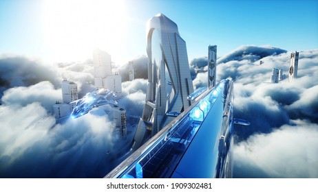 Futuristic Sci Fi City In Clouds. Utopia. Concept Of The Future. Flying Passenger Transport. Aerial Fantastic View. 3d Rendering.