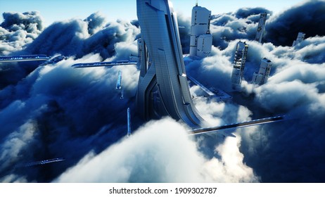 Futuristic Sci Fi City In Clouds. Utopia. Concept Of The Future. Flying Passenger Transport. Aerial Fantastic View. 3d Rendering.