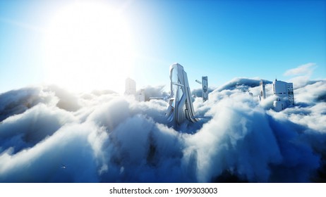 Futuristic Sci Fi City In Clouds. Utopia. Concept Of The Future. Flying Passenger Transport. Aerial Fantastic View. 3d Rendering.