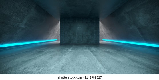 Futuristic Sci Fi Concrete Long Triangle Shaped Tunnel With Blue  Glowing Neon Line Signs Inside Empty Space 3D Rendering Illustration