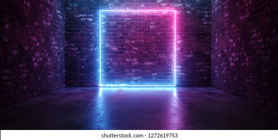 Futuristic Sci Fi Elegant Modern Neon Glowing Rectangle Frame Shaped Lines Tubes Purple Pink Blue Colored Lights In Dark Empty Grunge Concrete Brick Room Background 3D Rendering Illustration