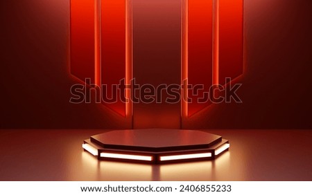 Futuristic Sci Fi Empty Red Stage neon. 3d rendering
