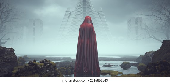 Futuristic Sci Fi Evil Red Spirit Ghost Woman Figure Looking Over Its Shoulder In Alien Landscape Mysterious Foggy Abandoned Brutalist Architecture 3d Illustration Render