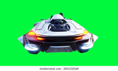 Futuristic Sci Fi Flying Car With Girl. Green Screen Isolate. 3d Rendering.