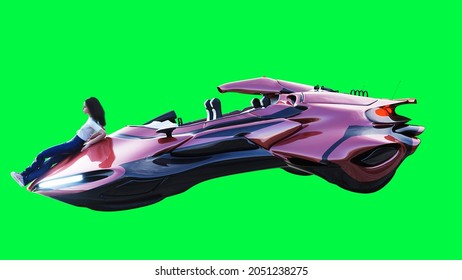 Futuristic Sci Fi Flying Car With Girl. Green Screen Isolate. 3d Rendering.