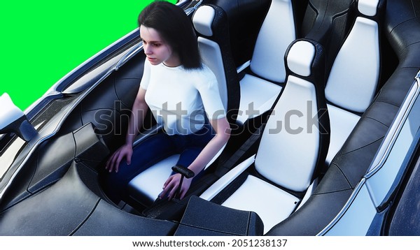 Futuristic sci fi flying car with girl. Green\
screen isolate. 3d\
rendering.