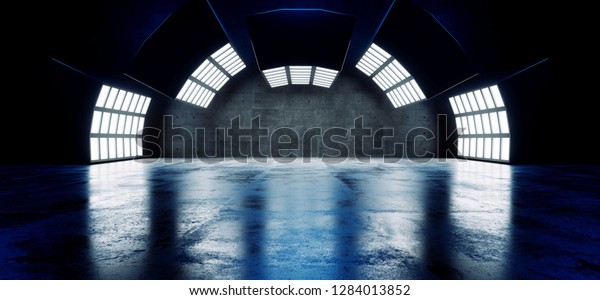 Futuristic Sci Fi Modern Empty\
Big Hall Dark Grunge Reflective Concrete Curved Big White Blue\
Lights Studio Stage Empty Showroom Glowing Vibrant 3D Rendering\
Illustration