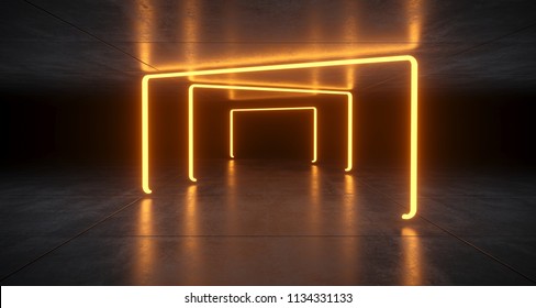 Futuristic Sci Fi Orange  Neon Tube Lights Glowing In Concrete Floor Room With Reflections Empty Space 3D Rendering Illustration