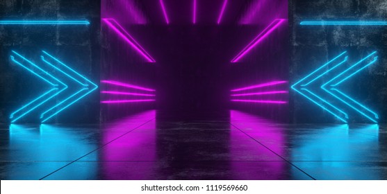 Futuristic Sci FI Reflective Dark Concrete Room And Tunnel With Purple And Blue Neon Lights And Pointing Arrows 3D Rendering Illustration
