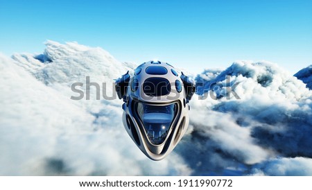 Futuristic sci fi ship flying in the clouds. 3d rendering.