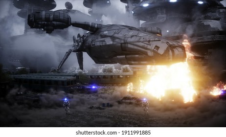 Futuristic Sci Fi Ship Take Wing. Military Robot. Apocalypse City. 3d Rendering.