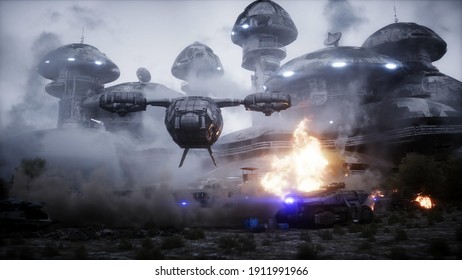 Futuristic sci fi ship take wing. Military robot. Apocalypse city. 3d rendering.
