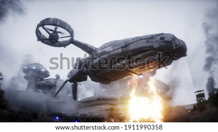 Futuristic sci fi ship take wing. Military robot. Apocalypse city. 3d rendering.