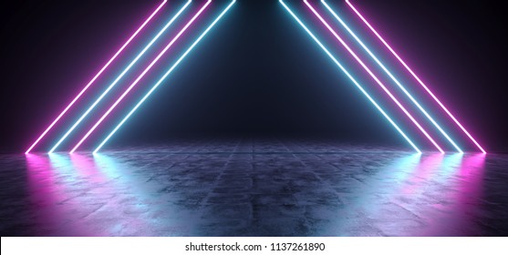 Futuristic Sci Fi Triangle Shaped Purple And Blue Neon Glowing Lights In Empty Dark Room With Concrete Floor WIth Reflections 3D Rendering Illustration