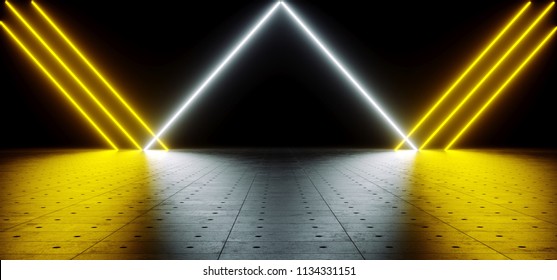 Futuristic Sci Fi Yellow And White Neon Tube Lights Glowing In Concrete Floor Room With Reflections Empty Space 3D Rendering Illustration