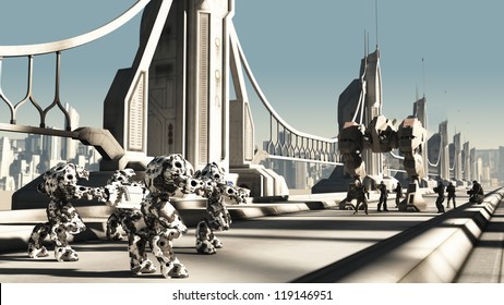 Futuristic Science Fiction Battle Droids And Space Marines Fighting For Control Of A Skyway Bridge, 3d Digitally Rendered Illustration