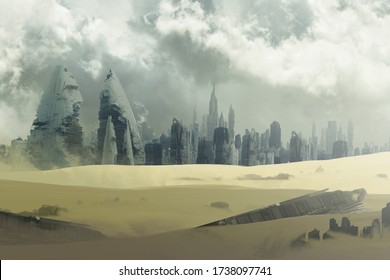 Futuristic science fiction. Digital art. Alien city.