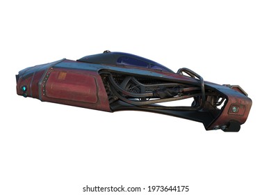 Futuristic Science Fiction Flying Car. Side View 3D Illustration Isolated On A White Background.