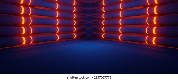 Futuristic Science Fiction Huge Virtual Showroom Club Hallway Brown Or Gold Banner Background 3D Rendering