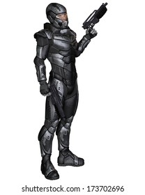 Futuristic Science Fiction Soldier In Protective Armoured Space Suit, Standing Holding Pistols, 3d Digitally Rendered Illustration