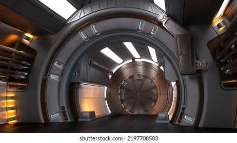 Futuristic Science Fiction Space Ship Corridor With Round Doorway. 3D Rendering.