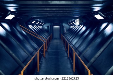 Futuristic Science Fiction Space Station Walkway Leading To Metallic Doorway. 3D Rendering.