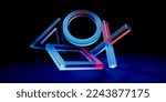 Futuristic Sci-fi 3D Rendering Alien blue Neon Glass Modern Empty cyber punk gaming neon light virtual reality floating virtual world Metaverse Into the future Black controller game console technology