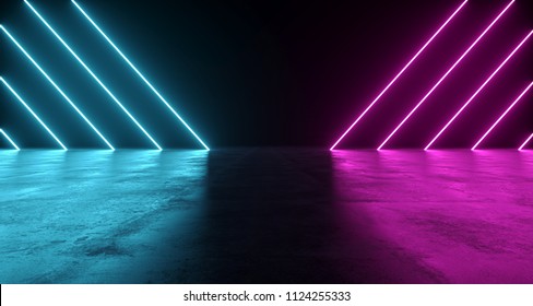 Futuristic Sci-Fi Abstract Blue And Purple Neon Light Shapes On Black Background And Reflective Concrete With Empty Space For Text 3D Rendering Illustration