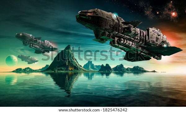 Futuristic sciFi battle space ships\
hover over an acid ocean of an alien planet, 3d\
render.