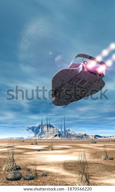 Futuristic sciFi battle spaceship flying over\
the surface of an alien planet, 3d\
render.