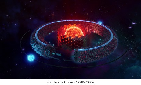 Futuristic Sci-fi city on a ring planet. 4k 3D illustration of a high tech space station with Dyson sphere, artificial sun and cyberpunk structures. Advanced space travel concept with stars