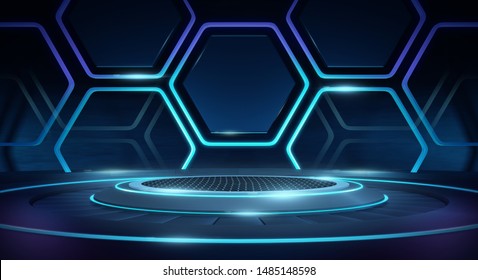 Futuristic Sci-Fi Empty Stage Neon Glowing Lights, Abstract Background,3D Rendering.