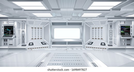 Futuristic Sci-Fi Hallway Interior With  Computer And Monitor Screen On Wall, 3D Rendering