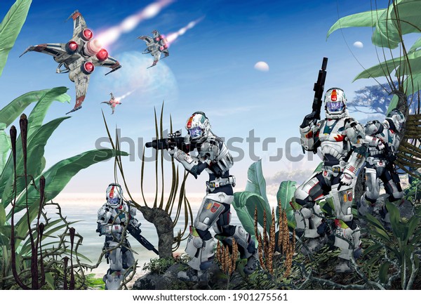 Futuristic SciFi military soldiers\
in battle armor occupy an alien planet, 3d render\
illustration.