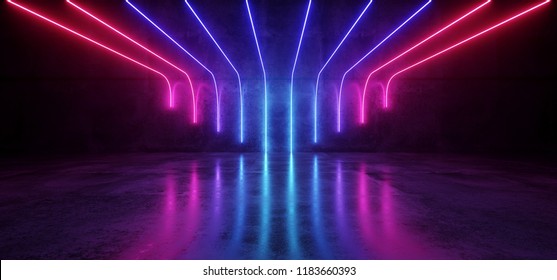 Futuristic Sci-Fi Modern Empty Stage Reflective Concrete Room With Purple And Blue Glowing Neon Tubes Shape Empty Space Wallpaper Background 3D Rendering Illustration