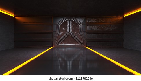 Futuristic Sci-Fi Old Rusty Metal Spaceship Gate In Dark Glossy Tunnel With Abstract Neon Lights 3D Rendering