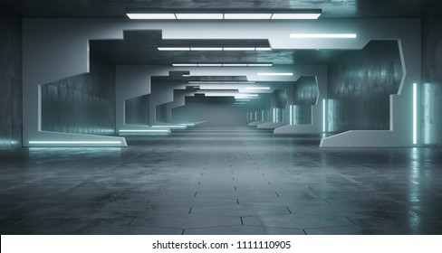 Futuristic Sci-Fi Space Ship Corridor With Led Lights And Conrete Hexagon Floor.3d Rendering Illustration