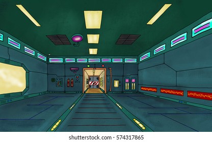 Futuristic Sci-fi Space Station Interior Scene. Video Game, Digital CG Artwork, Concept Illustration. US Animated Cartoon Style Background