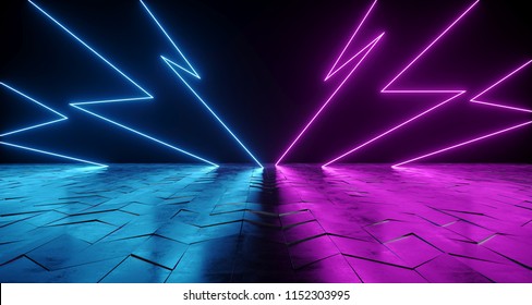 Futuristic Sci-Fi Thunderbolt Shaped Neon Tube Vibrant Purple And Blue Glowing Lights On Reflective Tilted Rough Concrete Surface In Dark Room Empty Space 3D Rendering Illustration