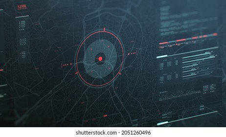 Futuristic security spy program interface. Dynamic modern HUD. GPS location tracking or scanning software. Red marker, indicator on the map. Satellite view. Hi-tech. 3D Render concept illustration