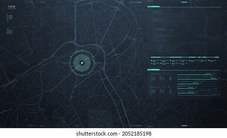 Futuristic Security Spy Program Interface. Dynamic Modern HUD. GPS Location Tracking Or Scanning Software. Green Marker, Indicator On The Map. Satellite View. Hi-tech. 3D Render Concept Illustration